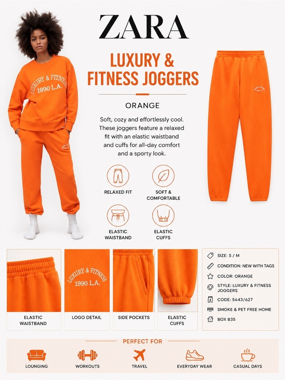ZARA Orange Luxury & Fitness Joggers NWT Size S